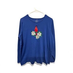 Mercer Street Studio Blue Top with Winter Cardinal & Floral Embroidery Size L